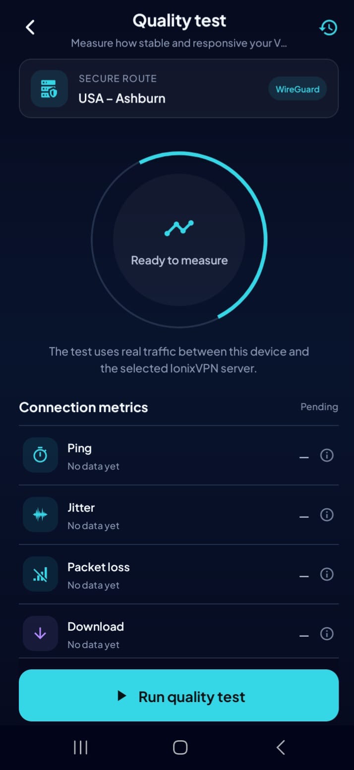Current IonixVPN quality test screen with connection metrics